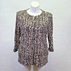 Dana Buchman Animal Print Roll Tab Sleeve Button Up Blouse Black Brown Size XL